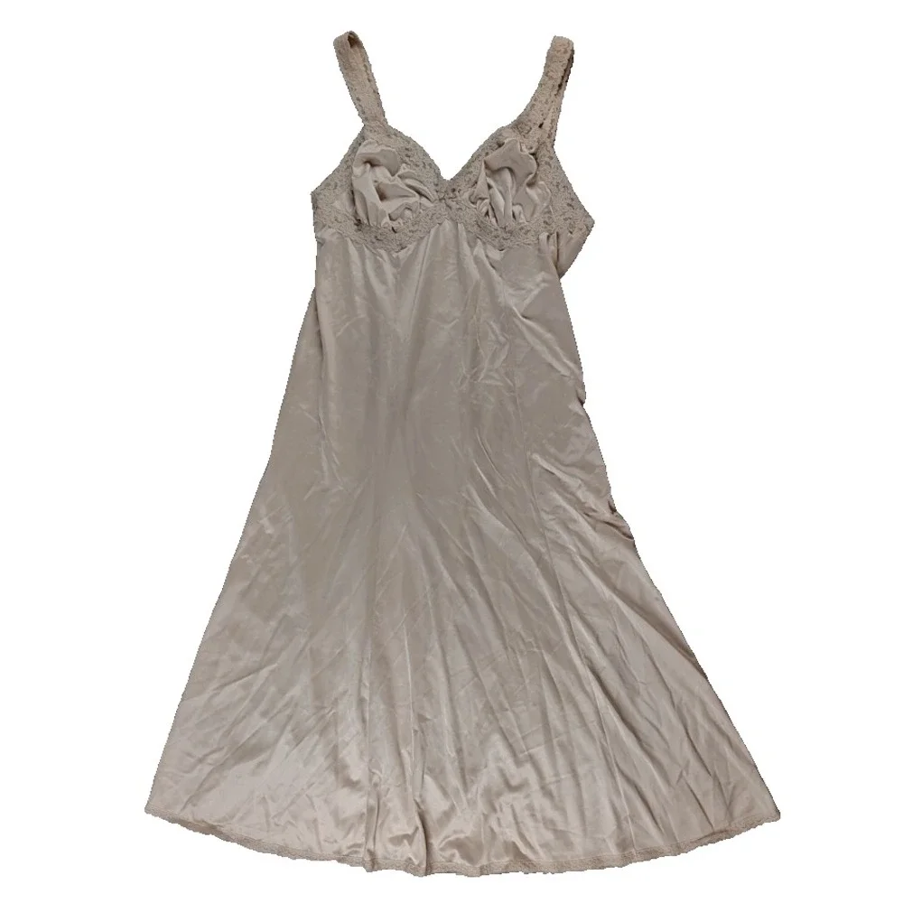 Olga 13257 38T Full Slip Nude Nylon Tricot‎ Lace Trim Bust Vintage Tall Lingerie